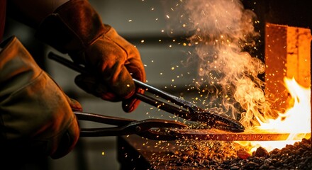 Close-up of a blacksmith's gloved hands using tongs to work glowing hot metal in a fiery forge, creating a shower of bright sparks