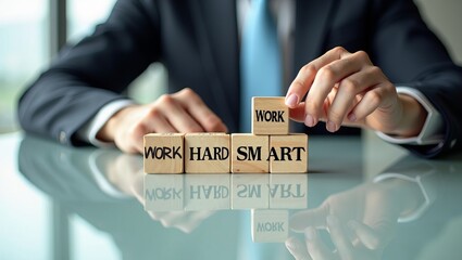 Work smart not hard concept for business strategy, efficiency, and success. Businessman stacking wooden blocks on desk.