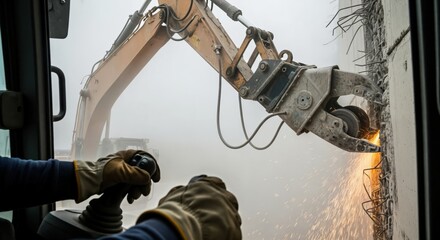 Heavy machinery operator controls an excavator with a powerful hydraulic shear, demolishing a concrete structure and generating sparks in a dusty construction environment.