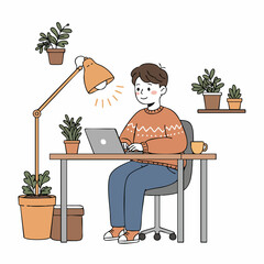 Flat Illustration Focused Man Working From Home at Desk Interior