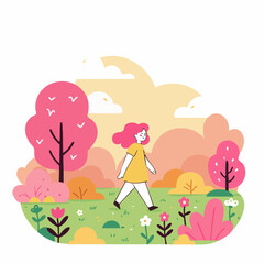 Flat Design Woman Walking in Spring Meadow Landscape Illustration