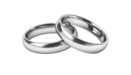 Two matching silver wedding bands, slightly angled, resting on top of each other.  Glossy, smooth surface.  Simple, classic design