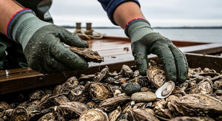 Close-up of a person wearing protective gloves sorting freshly harvested oysters on a boat with water in the background