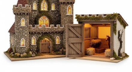 Detailed Fairy Tale Castle with Illuminated Windows and Stable Scene in Warm Lighting