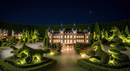 Elegant Castle Night Scene Surrounded by Illuminated Topiary Gardens Under Starry Sky
