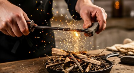 Close-up of a person's hands using a ferro rod to ignite kindling in a cast iron pan, creating bright sparks for a fire.