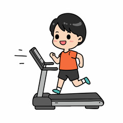 Cartoonish Smiling Boy Running On Treadmill Illustration With Black Outline