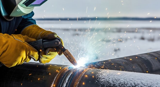 Professional welder joining sections of a massive pipeline outdoors in a cold, snowy environment, with intense sparks. - Powered by Adobe