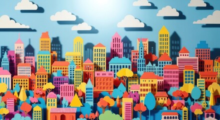 Colorful Paper Cityscape Art with Bright Buildings and Trees in Blue Sky Setting