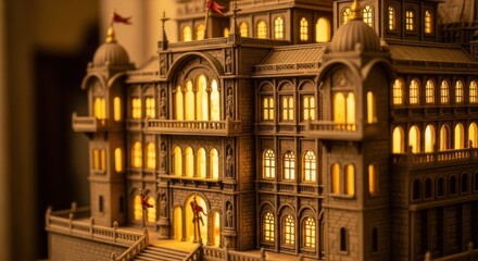 Detailed Model of Illuminated Historic Building with Warm Lighting and Architectural Details