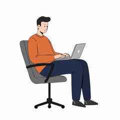 Minimalist Line Drawing Man Sitting on Chair Working on Laptop Illustration