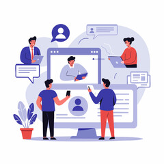 Flat Illustration Online Conference Team Meeting on Computer Display