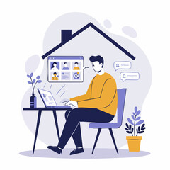 Modern Flat Illustration Man Working from Home on Laptop Concept