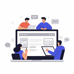 Flat Style Detailed Teamwork Collaboration Concept on a Big Monitor Illustration