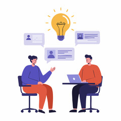 Flat Illustration Two People Brainstorming Idea with Lightbulb Icon