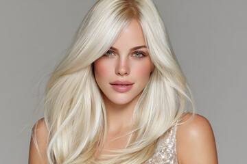 Portrait of a young woman with long platinum blonde hair, soft makeup, and glowing skin, centered against a neutral gray backdrop with flattering lighting.