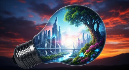 Light Bulb Containing Futuristic Cityscape with Skyscrapers and Nature Scene at Sunset