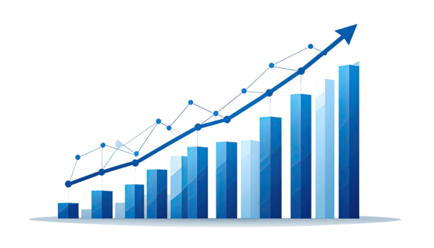 A stylized, upward-trending bar graph with construction-like elements