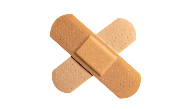 Two light beige adhesive bandages crossed in an X shape