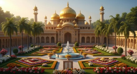 Grand Golden Palace with Fountain and Floral Gardens in Bright Sunlight