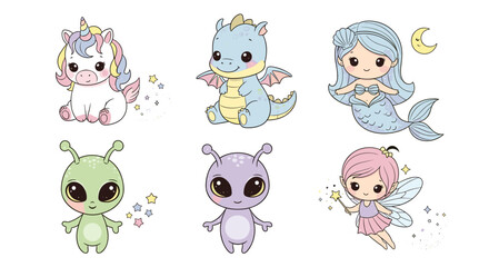Obraz premium Cute mythical creatures cartoon set, including unicorn, dragon, mermaid, alien and fairy