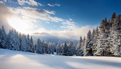 Fototapeta premium Snow Covered Landscape With Trees Under A Bright Sky