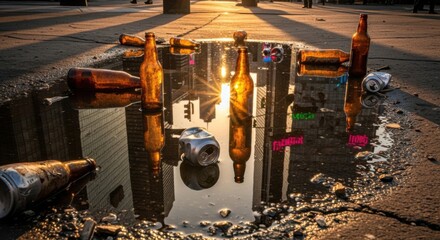 Discarded Brown Glass Bottles and Aluminum Cans in Water Puddle During Sunset