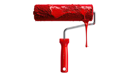 A paint roller, dripping with vibrant red paint, isolated on a black background.  The roller's texture is visible, showing paint adhering to its surface.  The handle is a bold, solid red