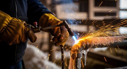 Close-up of a worker in yellow protective gloves using a welding torch to thaw a frozen metal pipe, creating bright sparks in a cold environment.