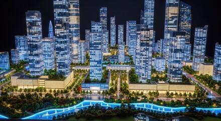 Futuristic Night City Skyline with Tall Illuminated Skyscrapers and Bright Lights