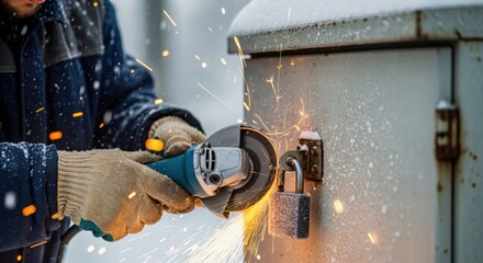 Close-up of a man in work gloves using an angle grinder to cut a metal padlock on an outdoor utility box, creating bright sparks in a snowy winter environment.
