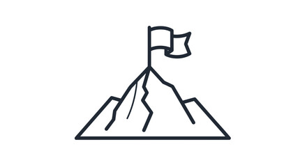 Mountain peak icon with a flag, symbolizing success, achievement, mission, and leadership. Line art svg vector illustration isolated on transparent background.