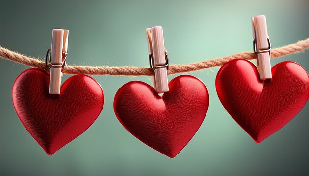 Red Hearts On String With Clothespins
