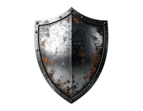 Aged metal shield, weathered and worn, with rusty discoloration, mounted on a dark background