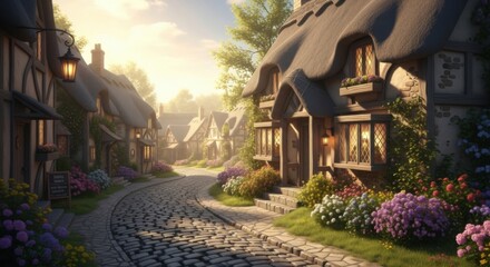 Charming Village Street with Cobblestone Path and Flowering Gardens at Sunset
