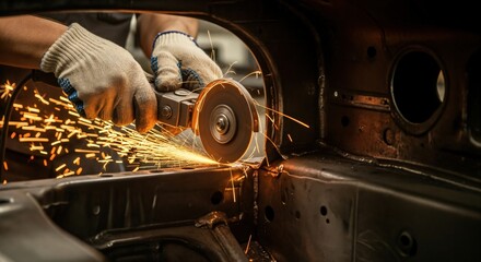 Close-up of a skilled worker's hands in protective gloves using an angle grinder to cut metal, creating a shower of bright sparks in a workshop environment.