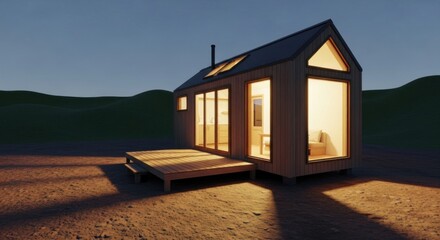 Modern Tiny House with Large Windows and Warm Interior Lighting in Natural Landscape