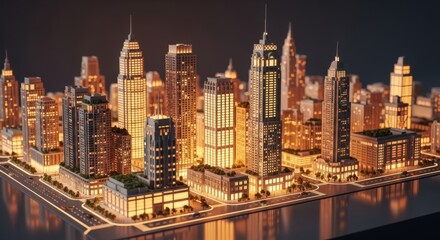 Miniature Model of Illuminated Modern City Skyline at Night with Tall Skyscrapers