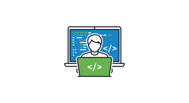 Programmer coding on a laptop, software developer writing code vector illustration. Technology icon for web development isolated on transparent background.