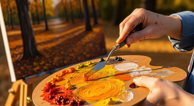 Close-up of an artist's hands mixing vibrant autumn colors on a wooden palette with a palette knife, creating an outdoor fall landscape painting on an easel.