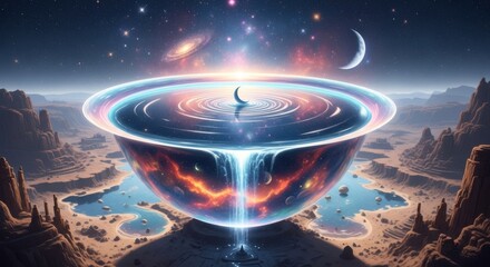 Futuristic Cosmic Portal Surrounded by Space Landscape and Celestial Bodies