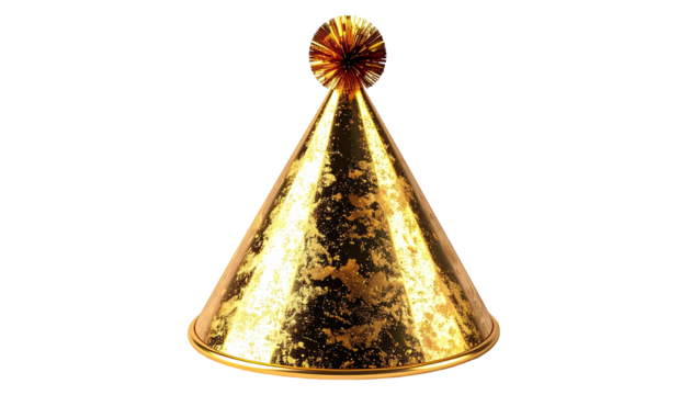 Golden party hat with textured surface and pom-pom