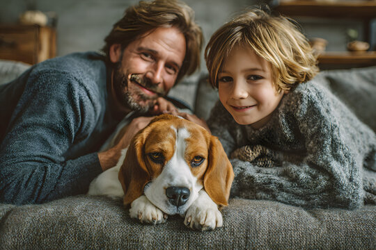 Cozy family tea time. Father, mother and son at the home living room. Boy lying in comfortable sofa and stroking their beagle dog and smiling. Peaceful family moments concept image. - Powered by Adobe