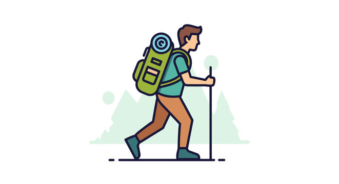 Outdoor enthusiast hiking with backpack and walking stick through mountains. A dynamic flat SVG vector illustration isolated on transparent background.