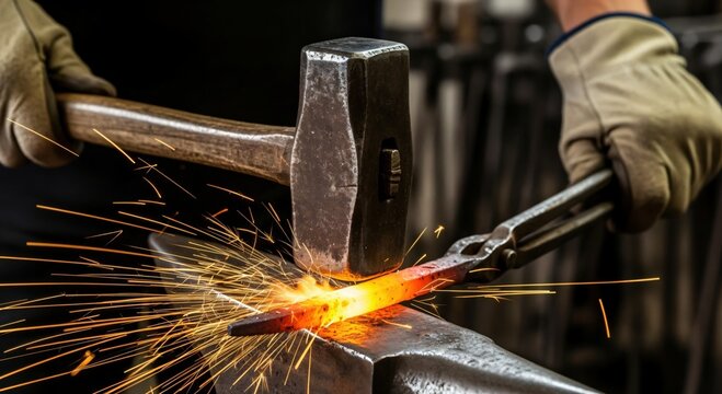 Close-up of a blacksmith wearing protective gloves, hammering a glowing hot metal piece on an anvil, creating bright sparks in a dark workshop environment.