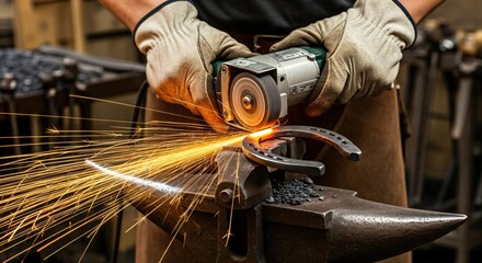Blacksmith or farrier wearing protective gloves and apron, using an angle grinder to shape a metal horseshoe on an anvil, creating a shower of bright sparks in a traditional workshop.