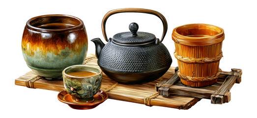 Vintage Tea Set and Natural Elements on Bamboo Mat with Isolated Transparent Background