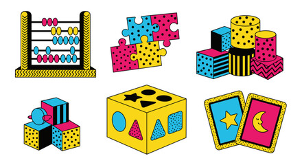 Colorful educational toys including abacus, puzzles, blocks, shape sorter, and cards