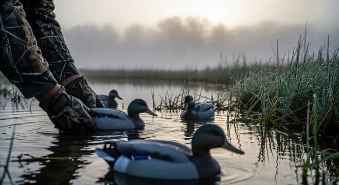 Camouflaged hunter placing realistic mallard duck decoys in a misty wetland pond during an early morning waterfowl hunt. - Powered by Adobe
