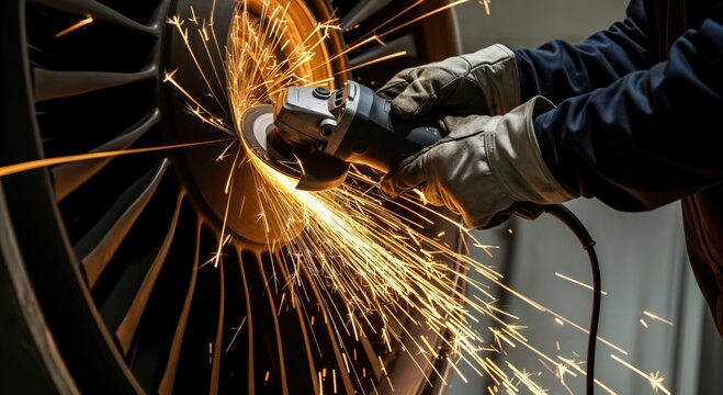 Skilled worker using an angle grinder to cut or polish a large metal turbine component, creating a shower of bright sparks in an industrial workshop setting